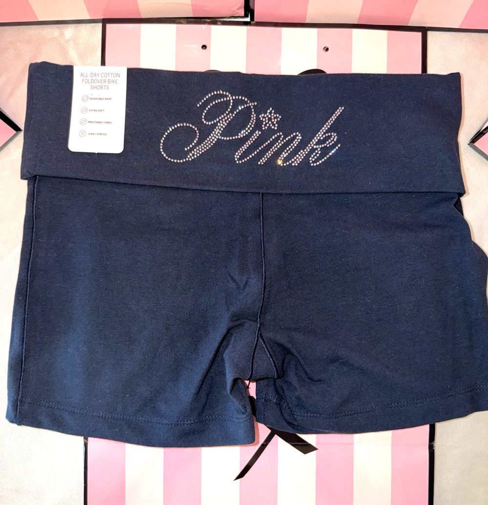 Victoria’s Secret PINK Foldover Bike Shirts Bling Navy Blue Small